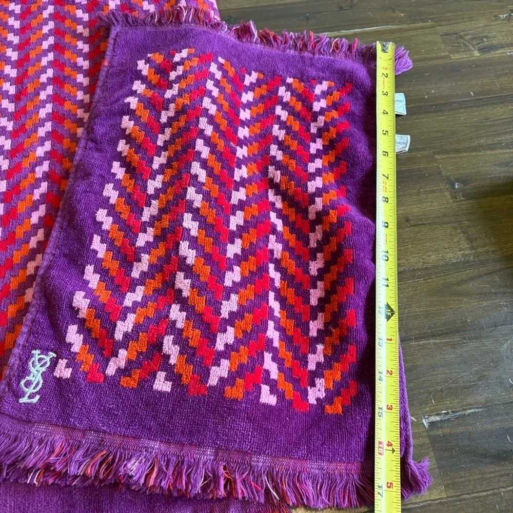 Vintage YSL Towel Set Chevron Abstract Geo Retro Bright Purple Red Orange Fringe